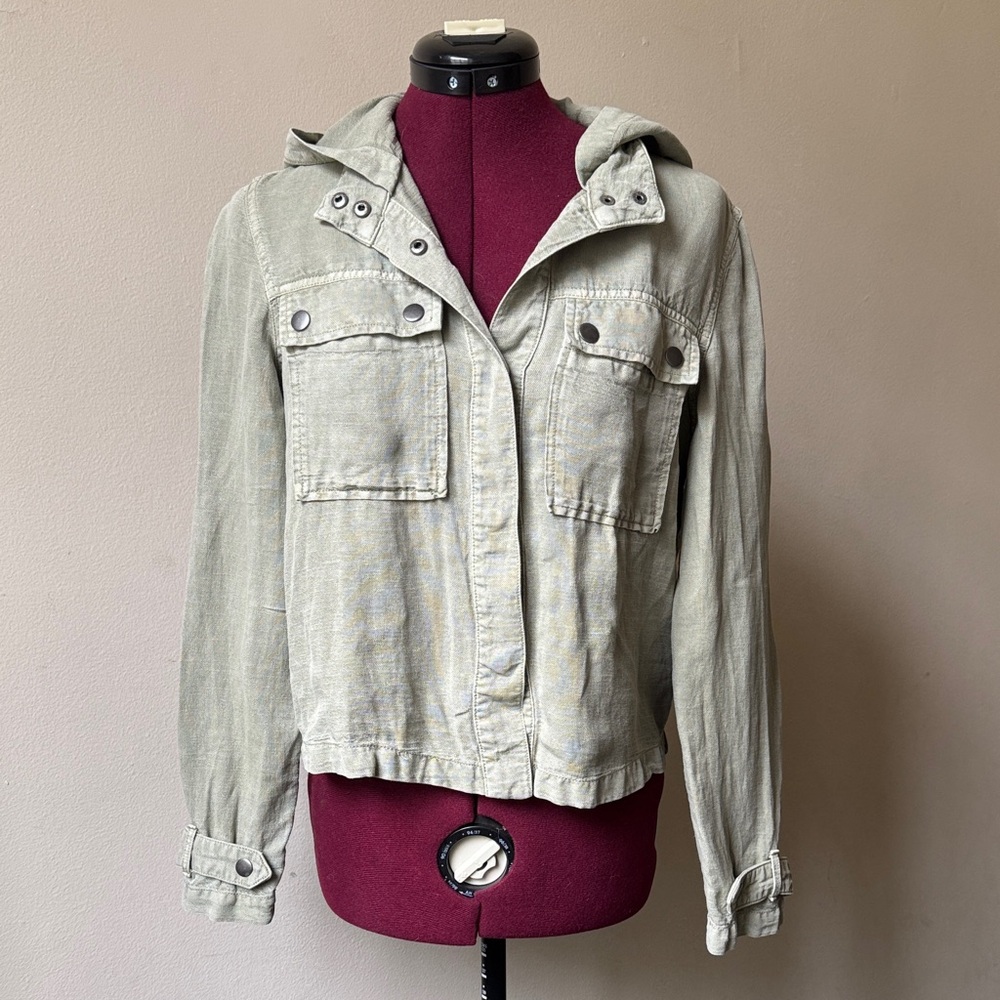 Nicole Miller Light Green Linen Blend Utility Jacket Hooded